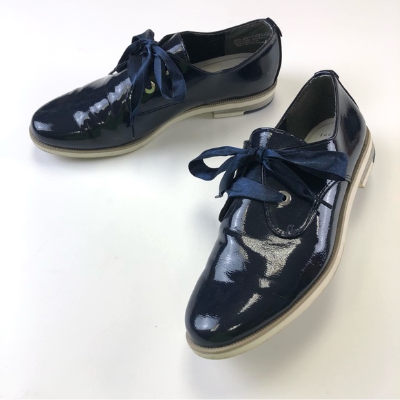 Marco Tozzi navy patent French blue Derby tie up womens shoe Size 40 ribbon lace - Picture 9 of 13